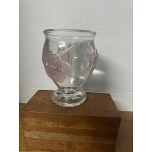 Vintage French Art Crystal Glass Vase with Pink Frosted Roses Teleflora 6"‎ tall